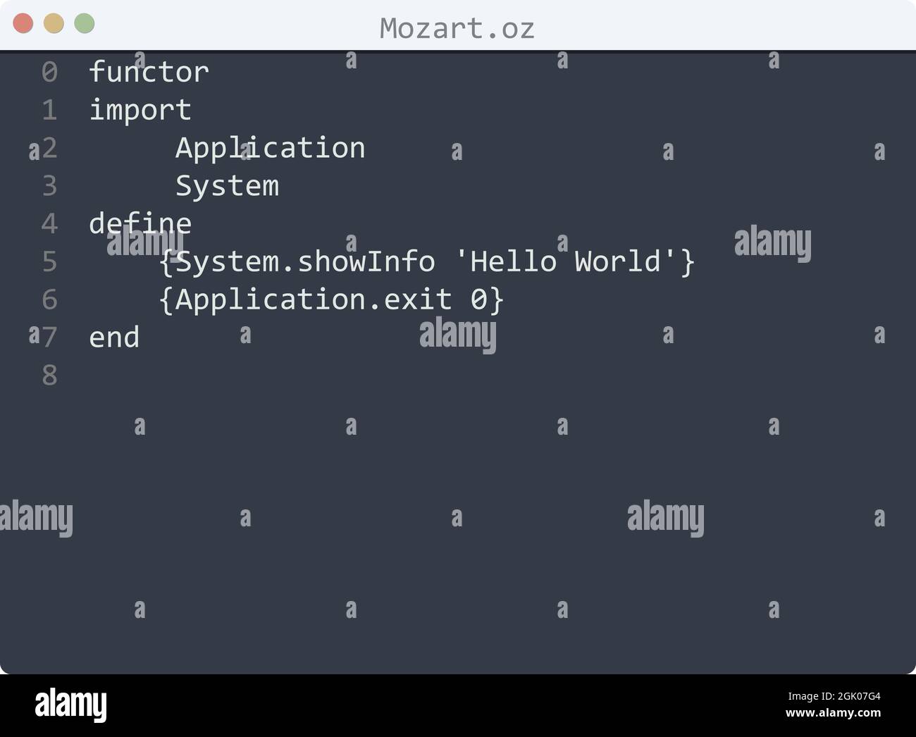 Mozart language Hello World program sample in editor window ...