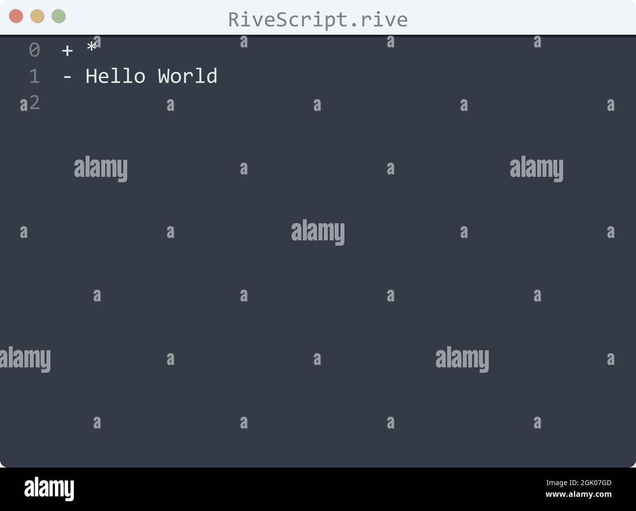 RiveScript language Hello World program sample in editor window ...