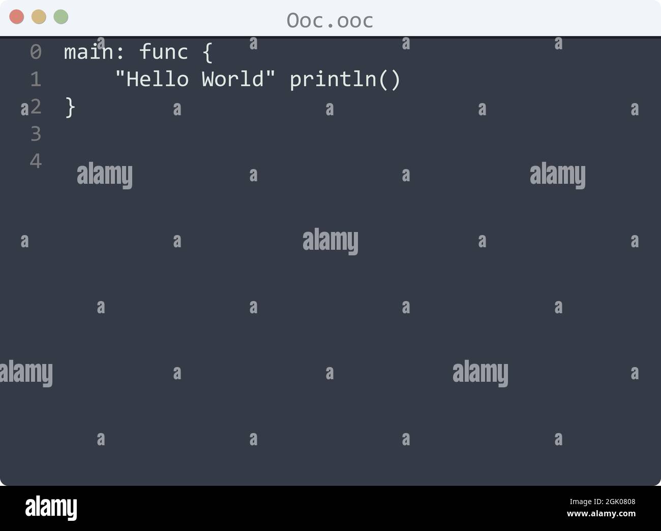 Ooc language Hello World program sample in editor window illustration ...