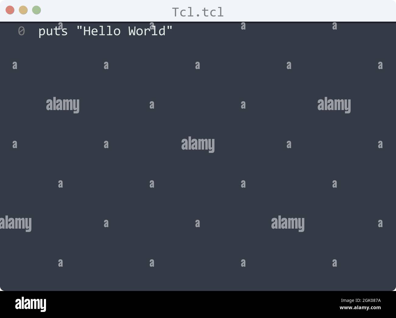 Tcl language Hello World program sample in editor window illustration Stock Vector