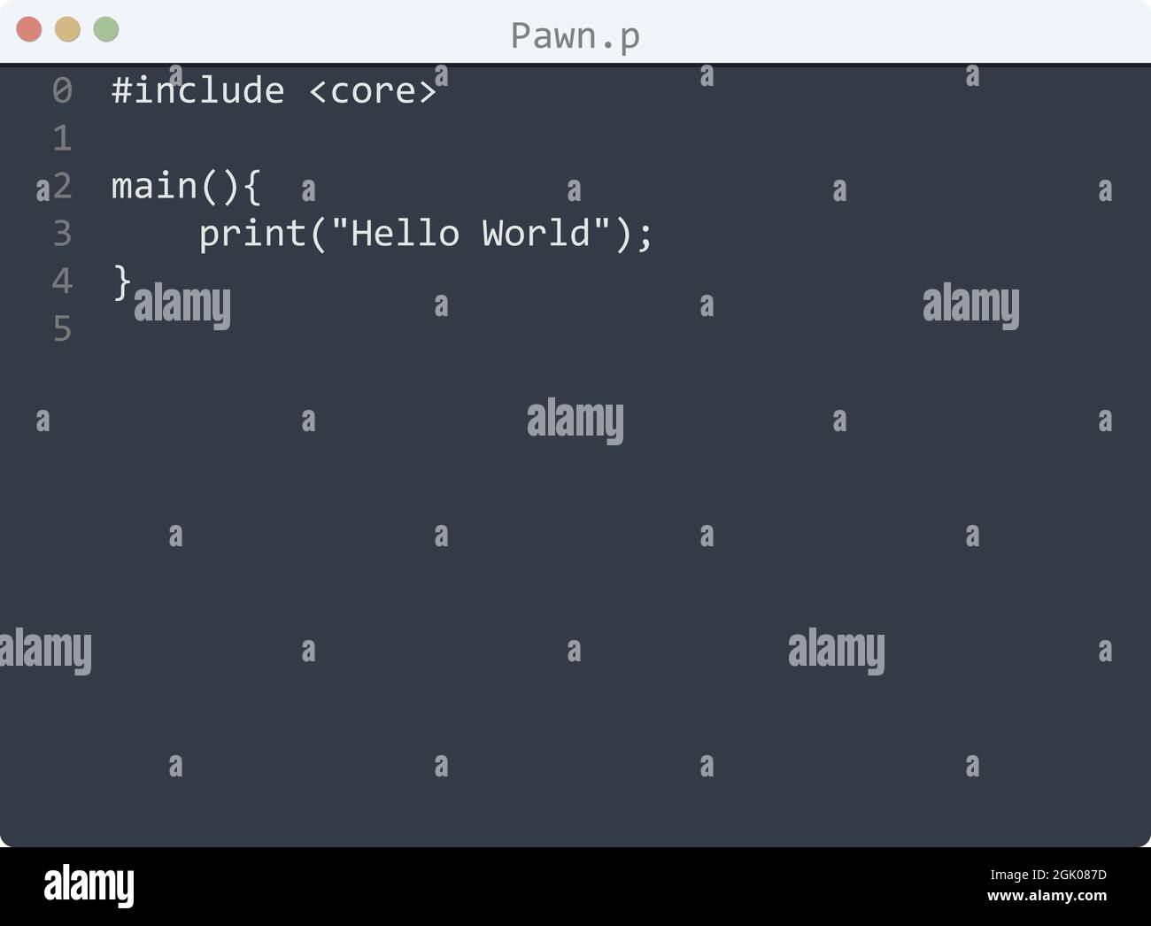 Pawn language Hello World program sample in editor window illustration ...