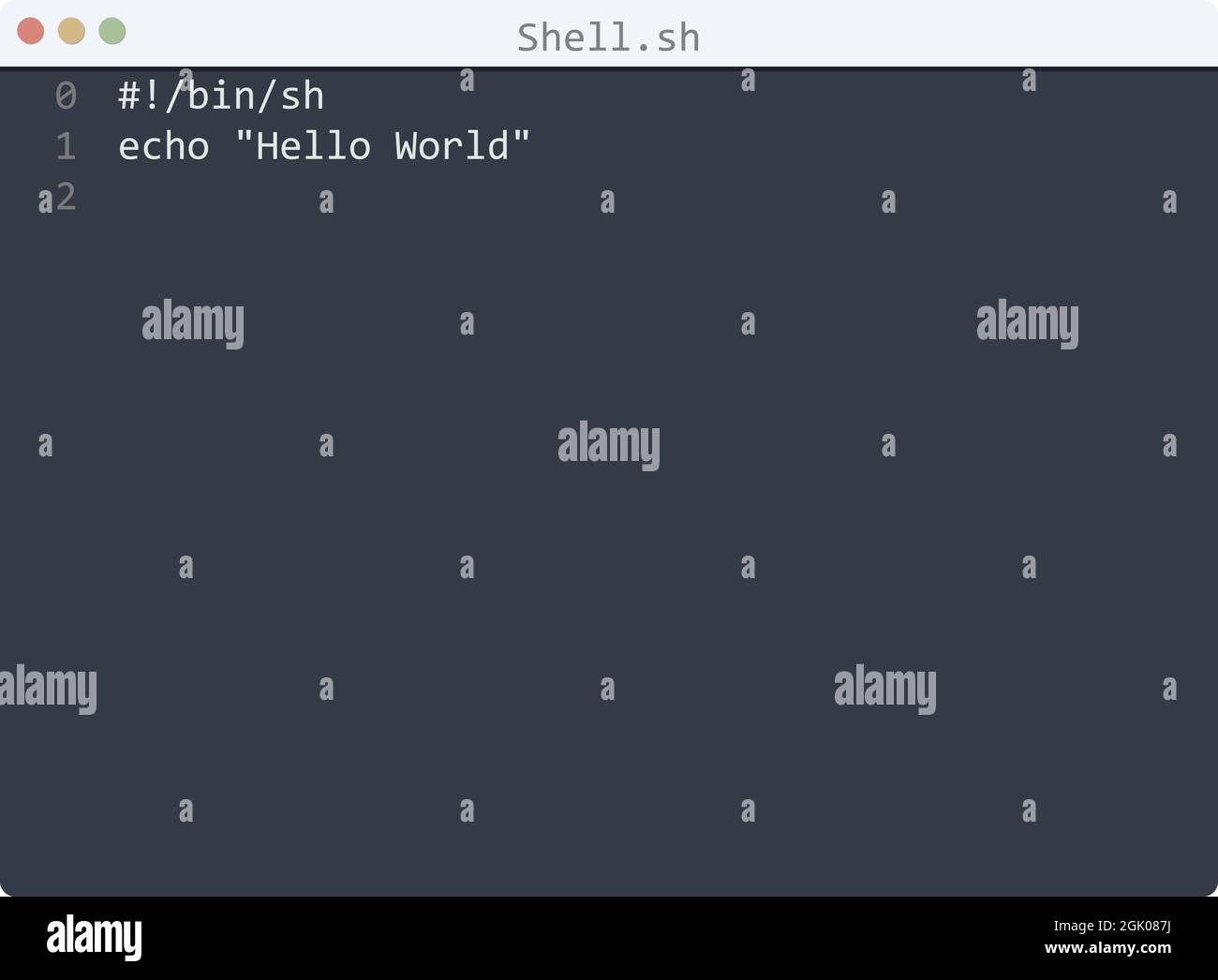 Shellhelloo Shell language Hello World program sample in editor window illustration ...