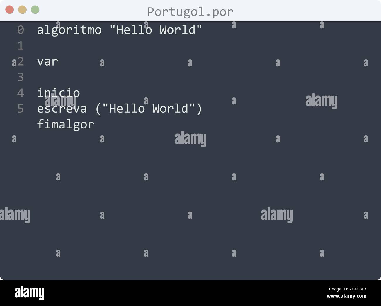 Portugol String Portugol language Hello World program sample in editor window ...