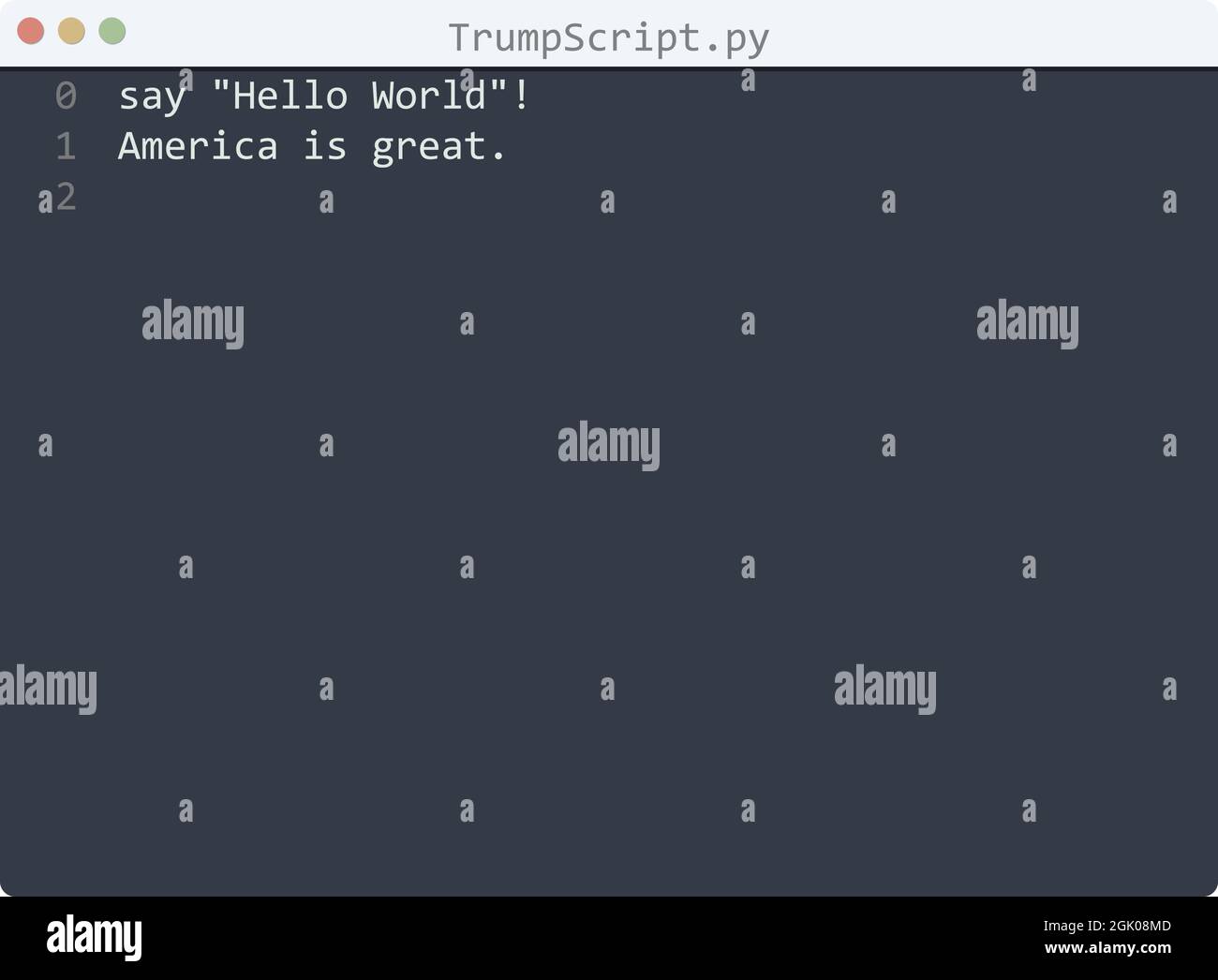TrumpScript language Hello World program sample in editor window illustration Stock Vector