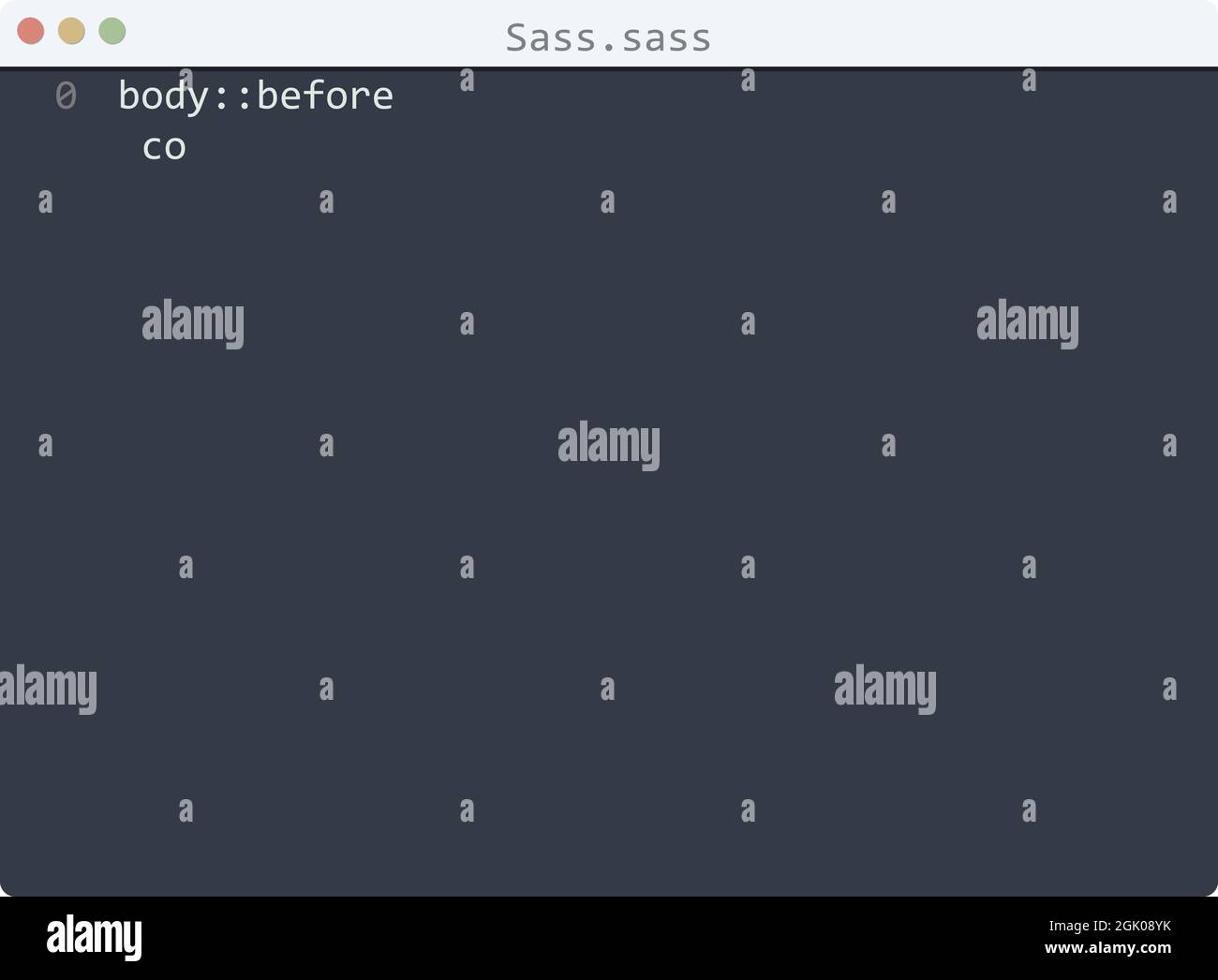 Sass language Hello World program sample in editor window illustration Stock Vector