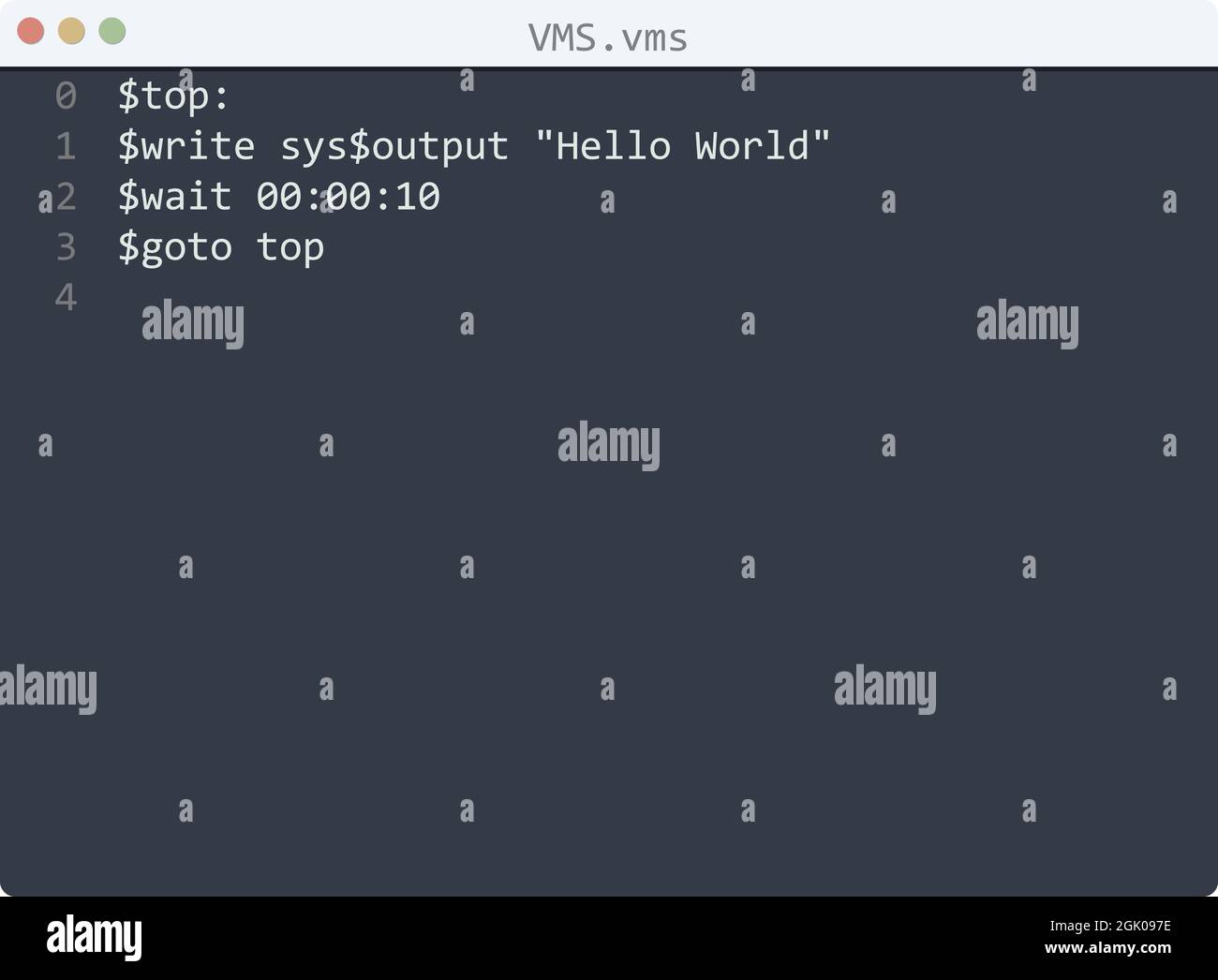 VMS language Hello World program sample in editor window illustration ...