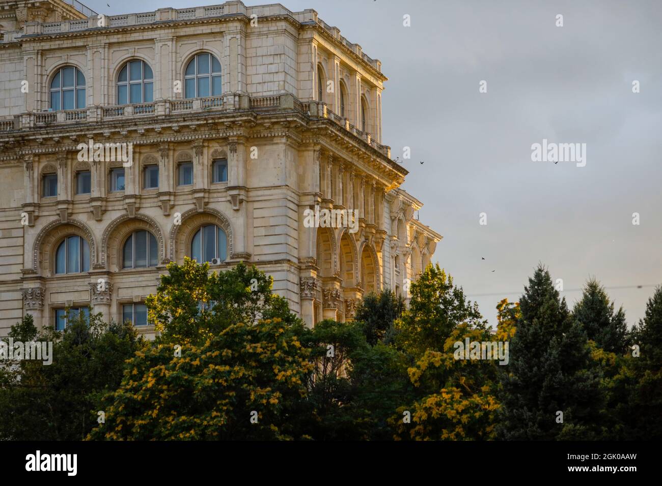Bucharest, Romania - September 2, 2021: The Palace of Parliament building in Bucharest at sunset. Stock Photo
