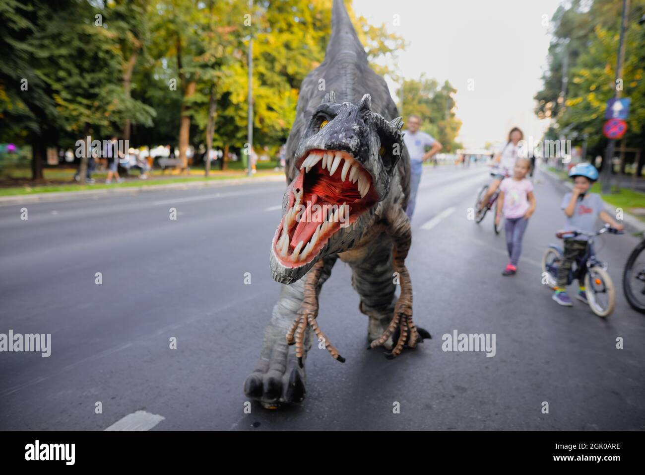 Bucharest, Romania - August 29, 2021: A man costumed as a carnivorous dinosaur walks between people and let’s them pet him during an outdoors event in Stock Photo