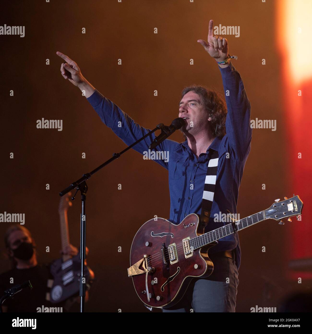 Glasgow, UK. 12th Sep, 2021. PICTURED: Gary Lightbody, frontman, singer and guitarist of band, Snow Patrol, seen playing on the main stage to a packed crowd at Glasgow Green at TRNSMT 2021 on the final day of the live music festival. Credit: Colin Fisher/Alamy Live News Stock Photo