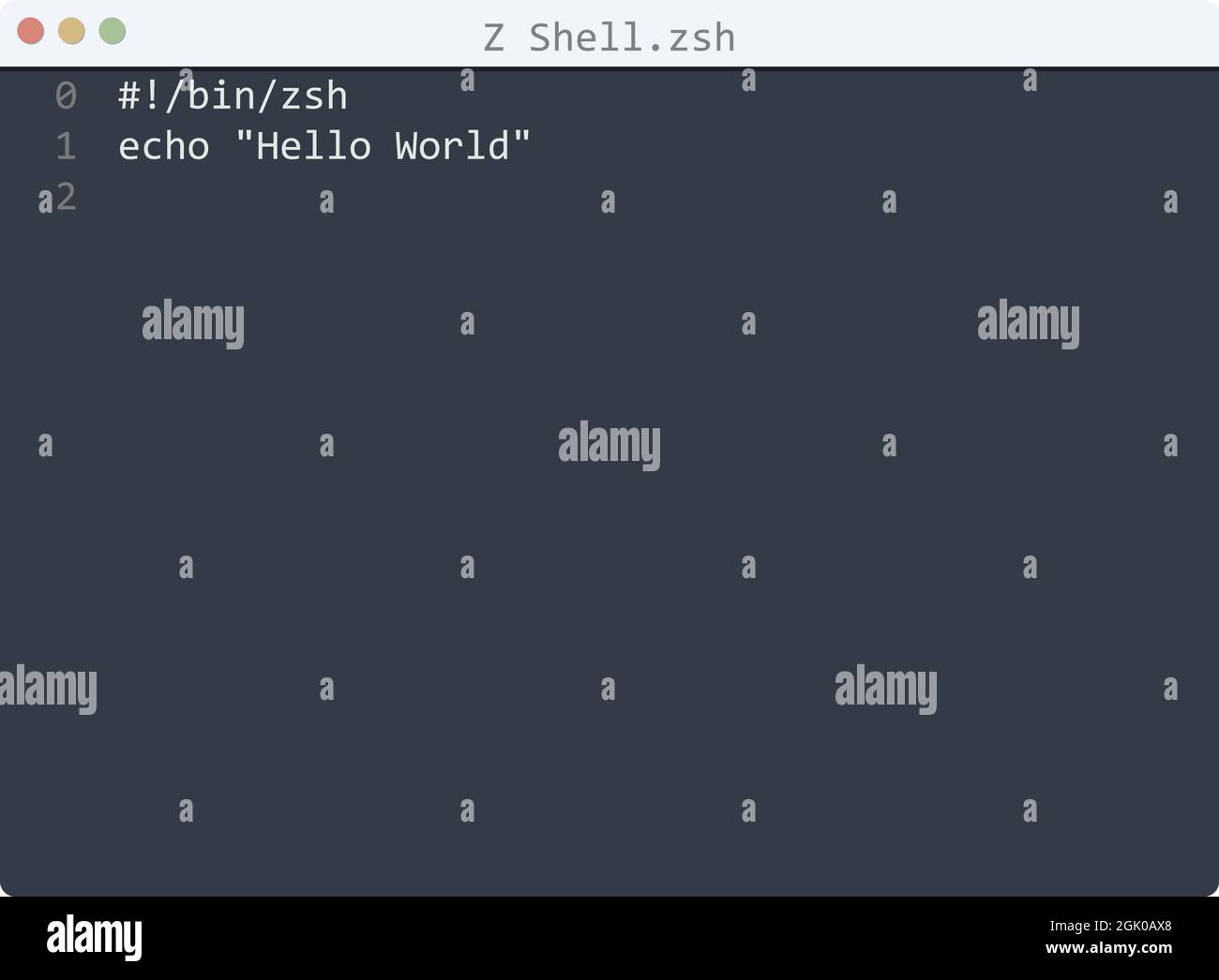 Z Shell language Hello World program sample in editor window ...