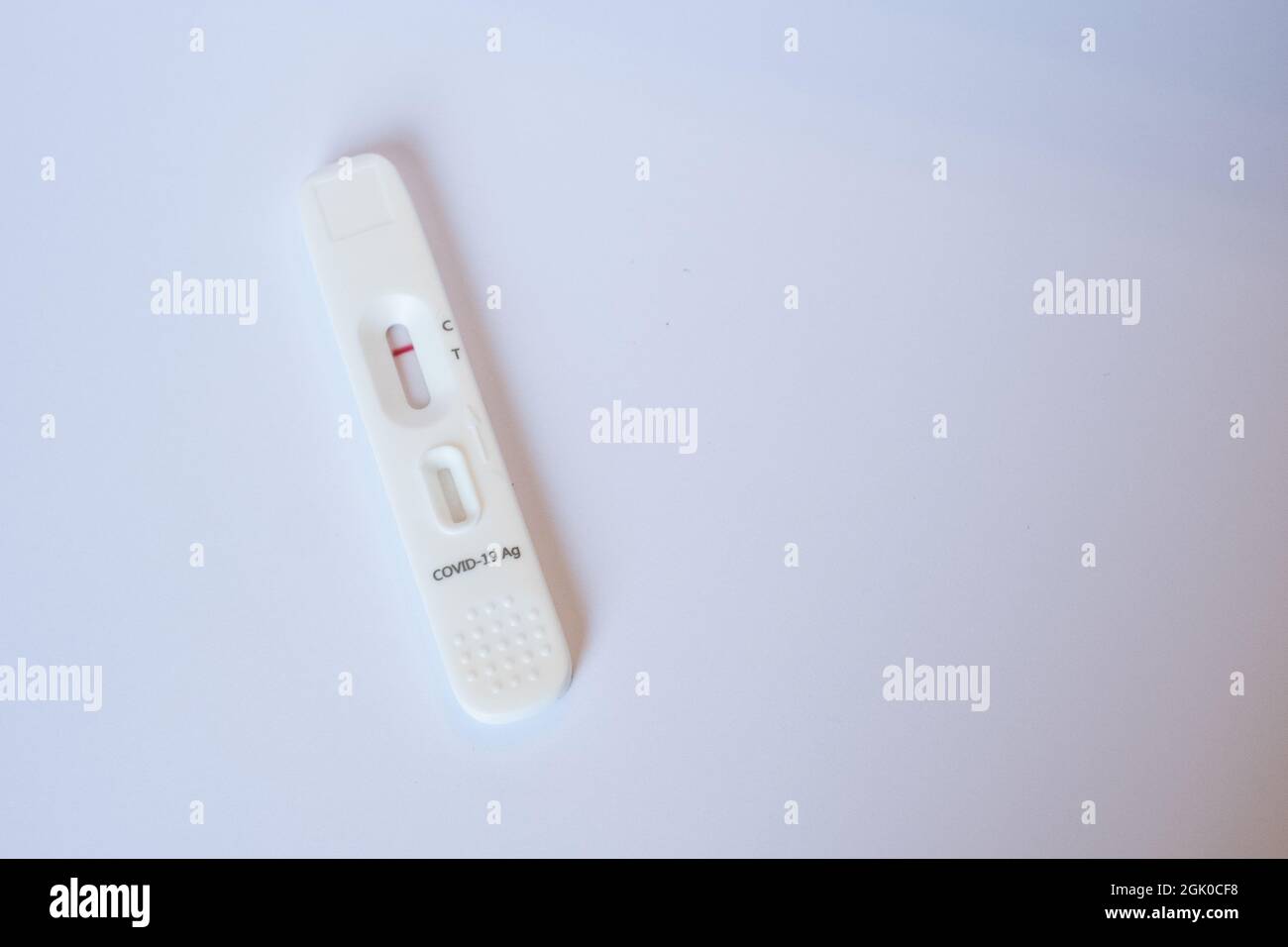 COVID-19 Ag Test cassette for self-testing on white background. Corona virus diagnosis. Stock Photo
