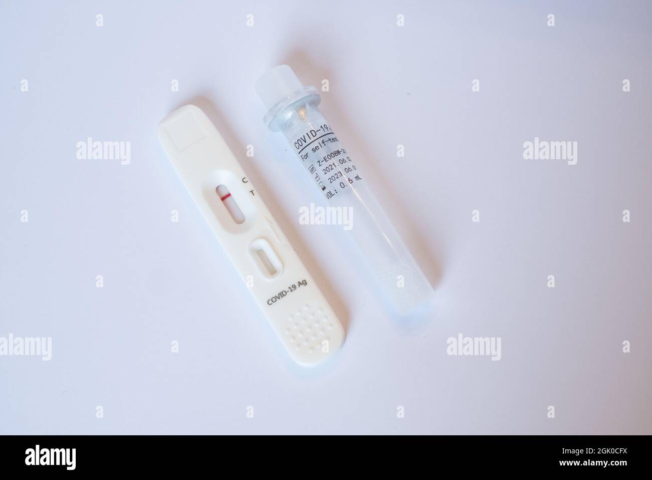 COVID-19 Ag Test kit for self-testing on white background. Corona virus diagnosis. Stock Photo