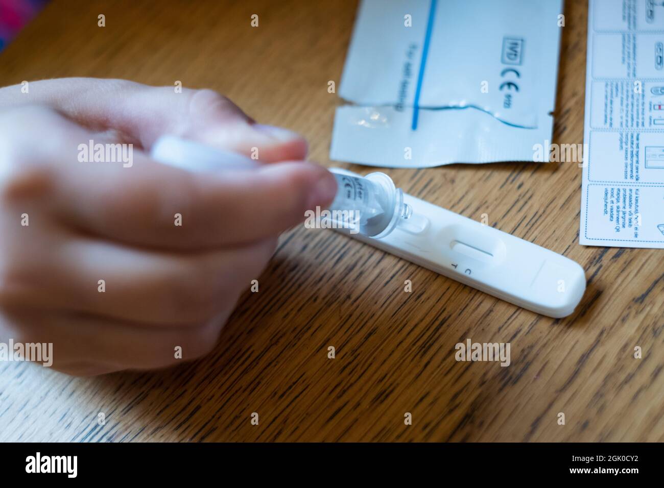 COVID-19 Ag Test kit for self-testing. Child testing herself for coronavirus at home. Stock Photo