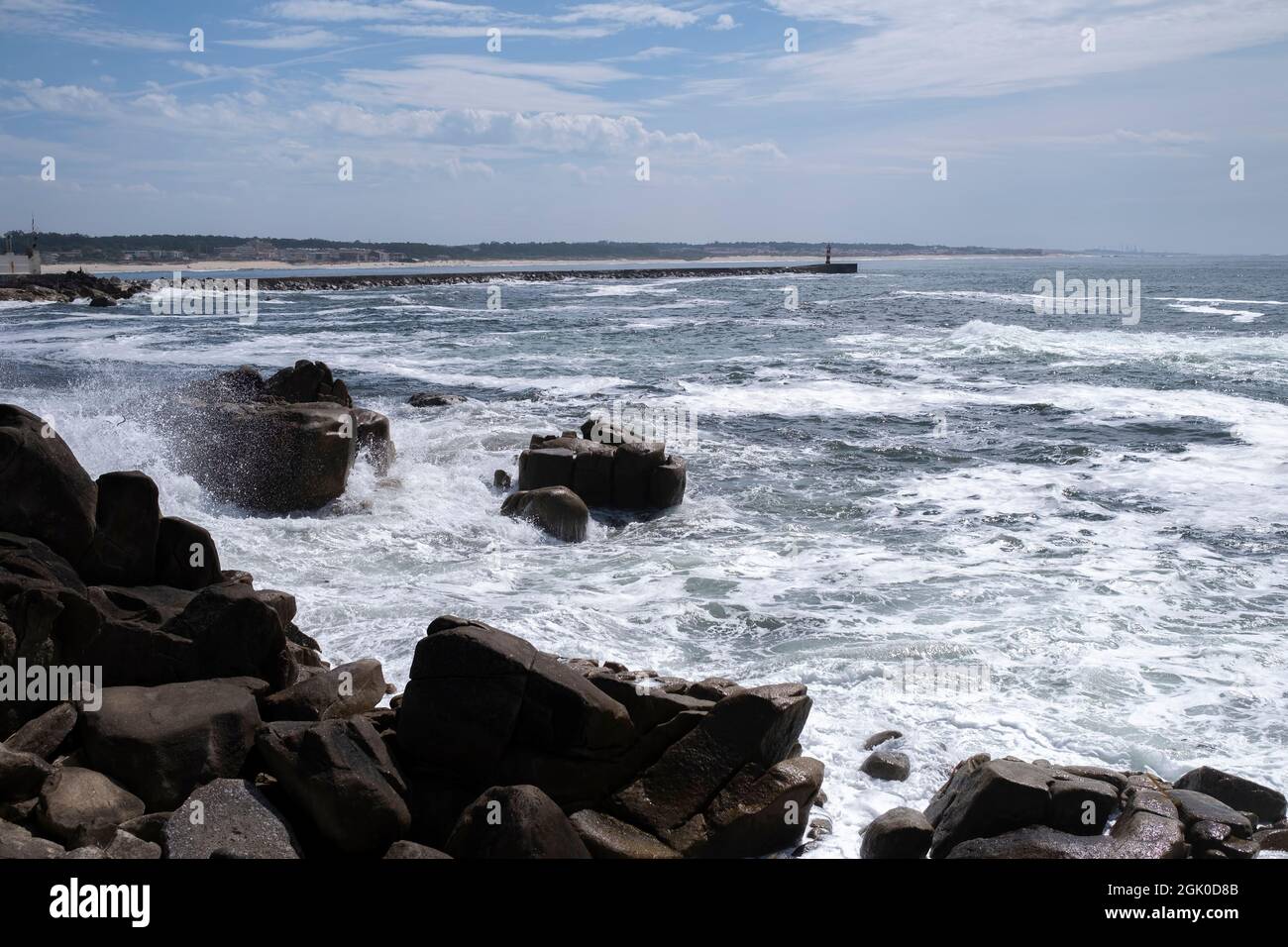 View of Vila do Conde North Jetty, Atlantic, Portugal. Stock Photo