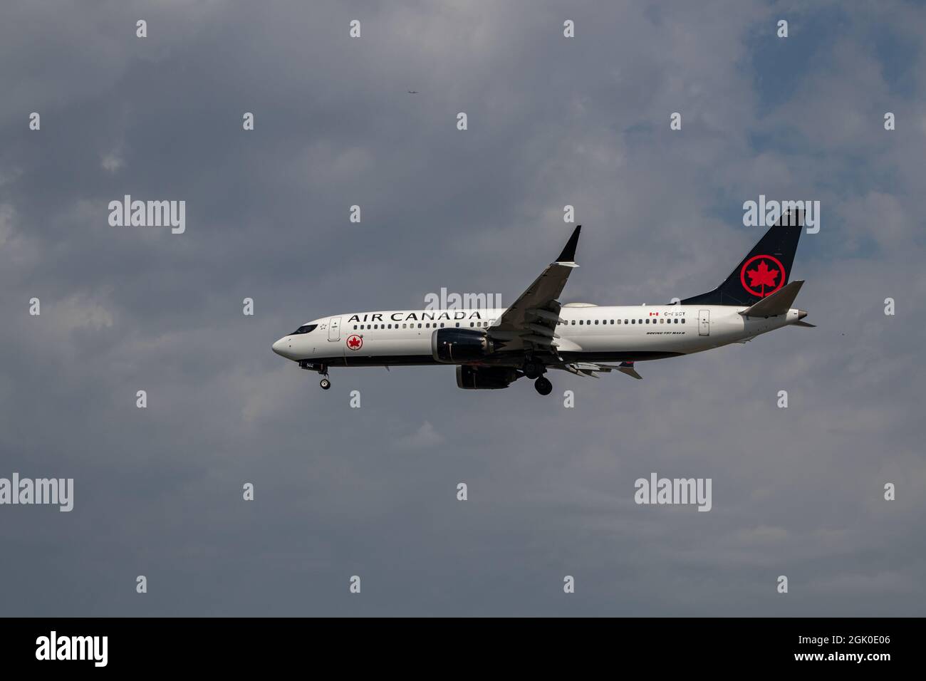 Montreal, Quebec, Canada - 05 26 2021: An Air Canada 737 MAX8 landing in Montreal. Stock Photo