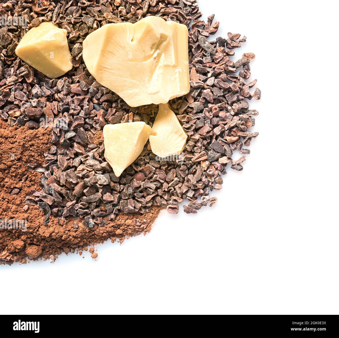 Cocoa nibs, butter and powder on white background Stock Photo Alamy