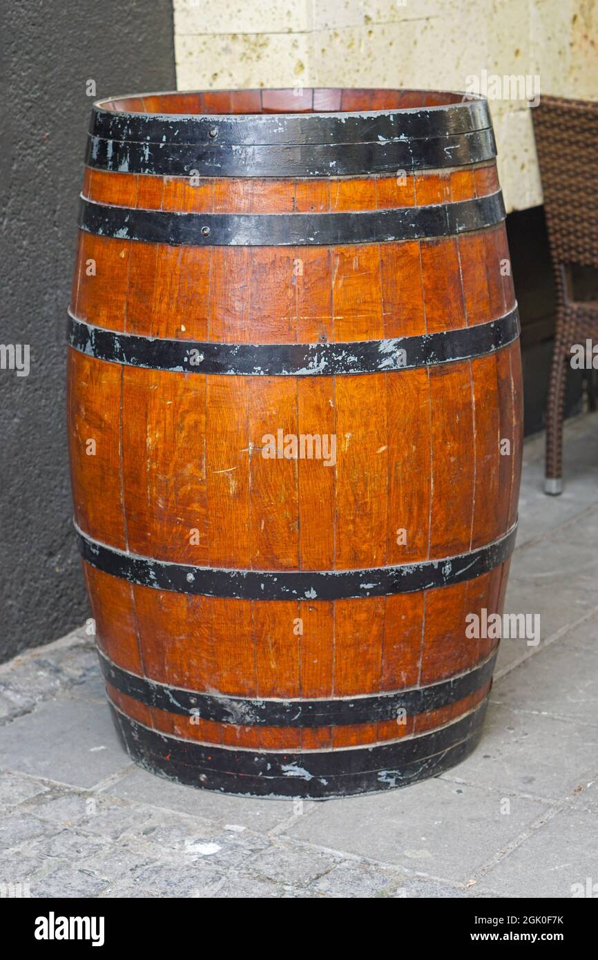 Used old oak wood barrel at street Stock Photo Alamy