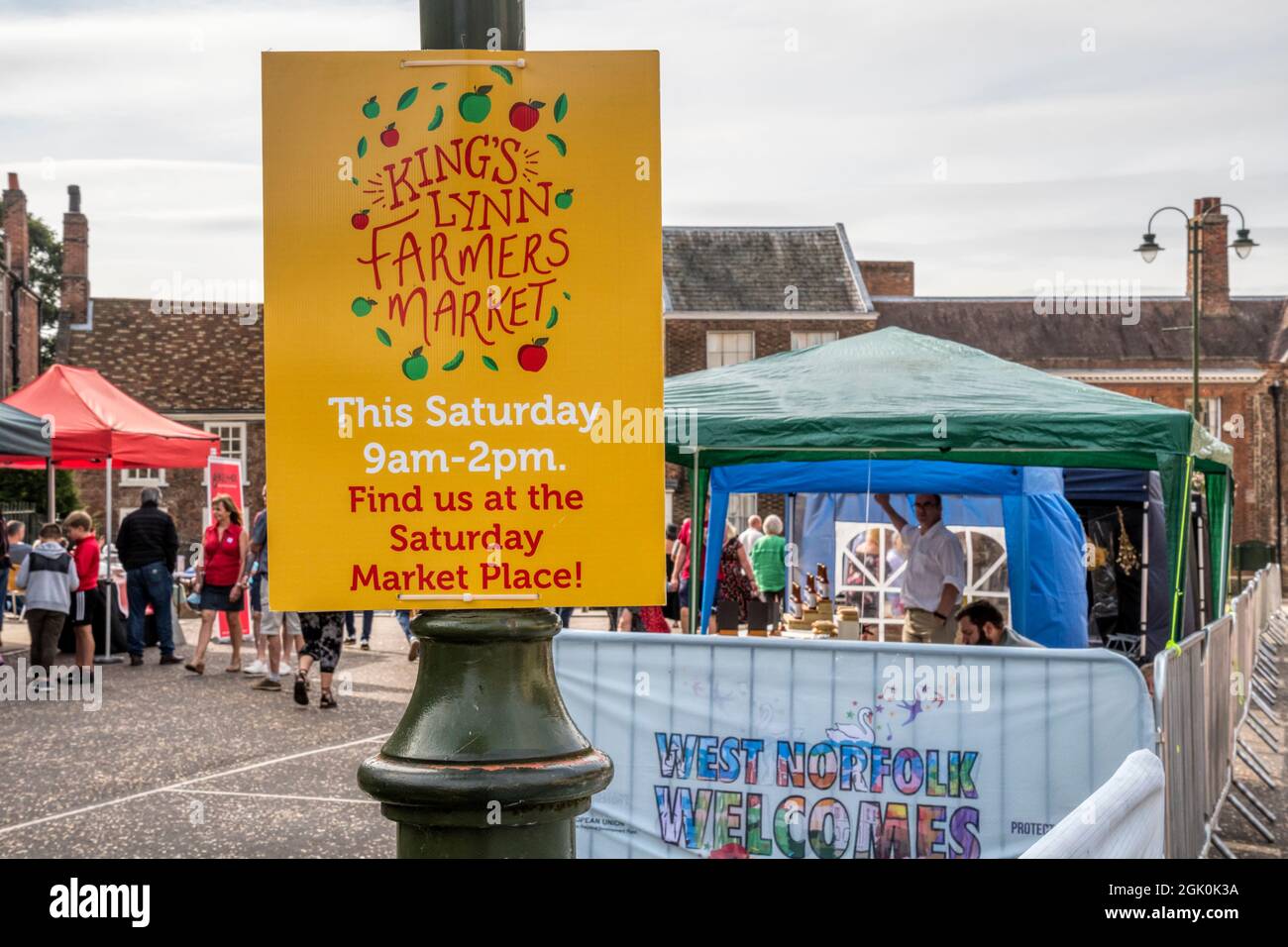 A Sign for King's Lynn Farmers' Market on the Saturday Market Place. Stock Photo