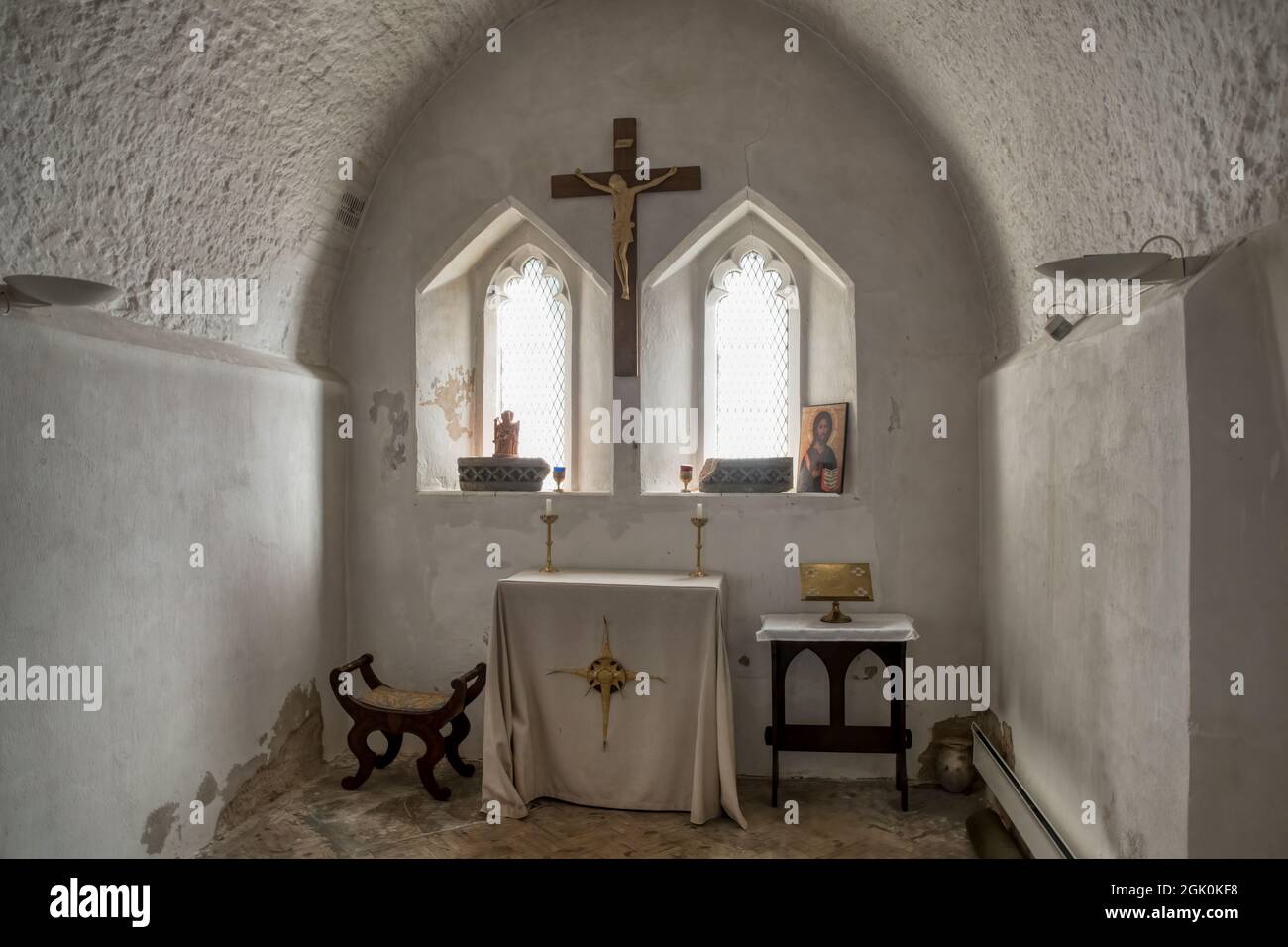 Anchorhold against S wall of chancel to All Saints church, King's Lynn. Built c1500 it would have housed an anchorite devoted to solitary prayer. Stock Photo