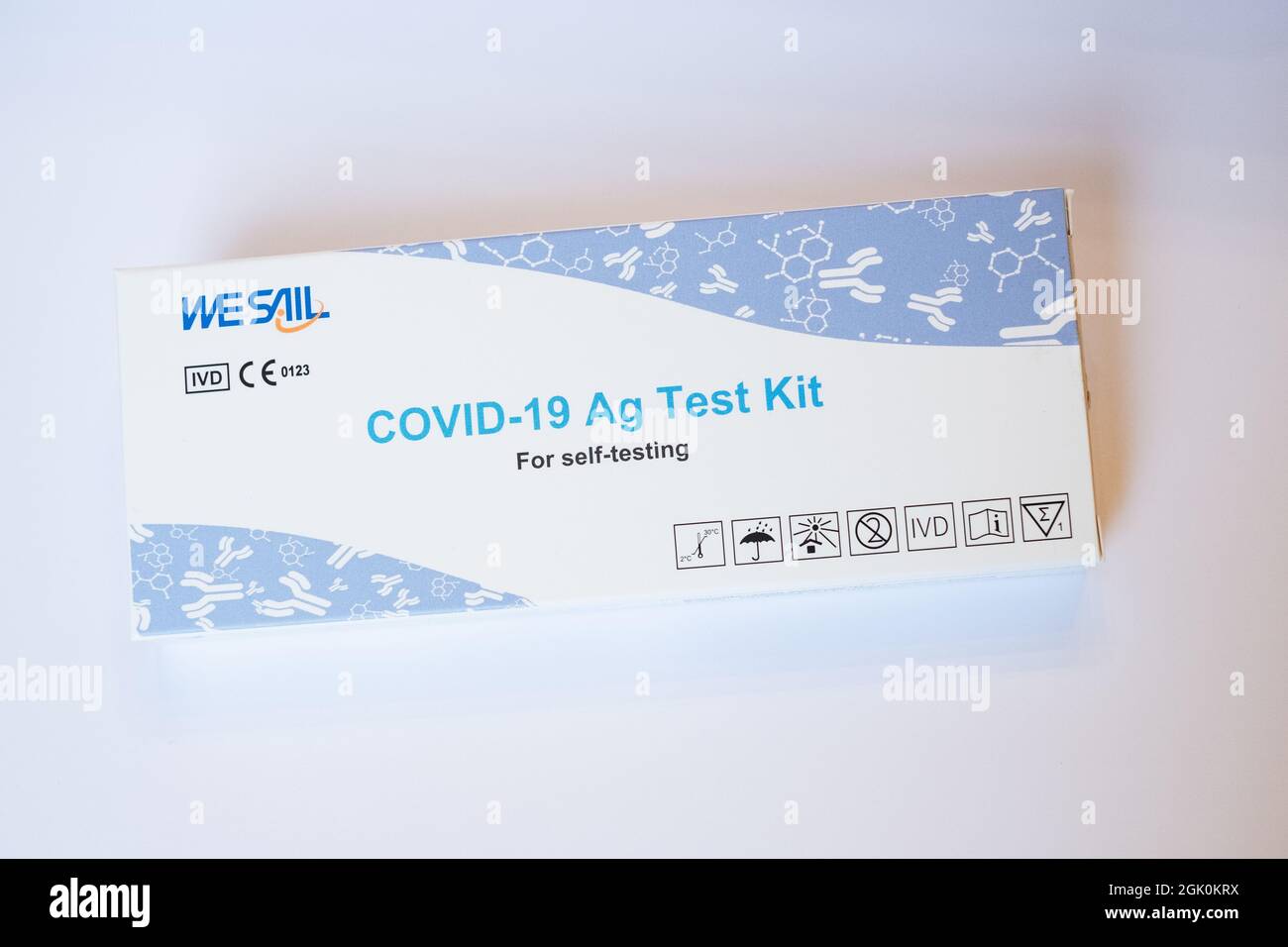 Tallinn, Estonia - September 12, 2021: COVID-19 Ag Test kit for self-testing. Corona virus diagnosis test package. Stock Photo