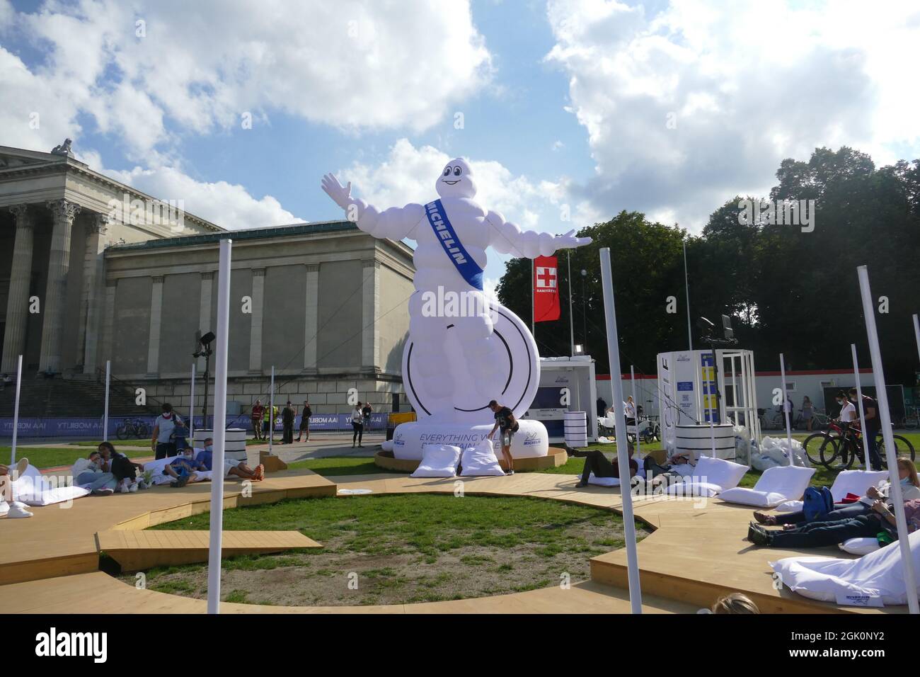 Michelin man advertising on IAA, Internationale Automobil Ausstellung, München, Munich. Königsplatz 2021.. Stock Photo