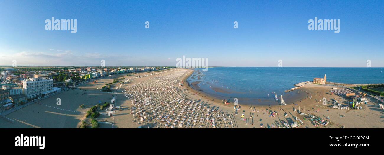Caorle beach - Panoramic view from above durind summer season on the Madonna dell'Angelo Sanctuary by the sea. Stock Photo
