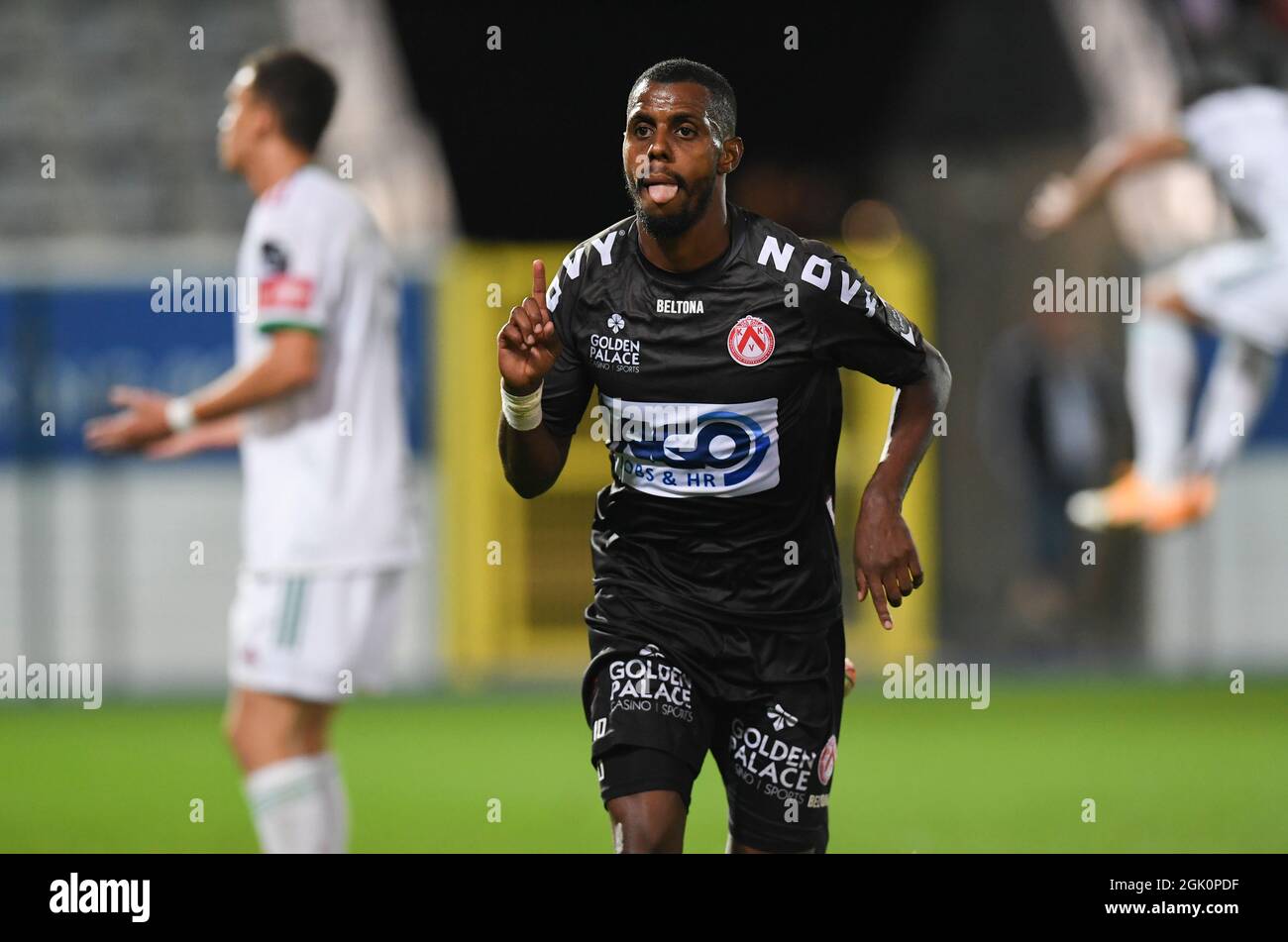 Kortrijk's Faiz Selemani celebrates after scoring during a soccer match between OudHeverlee