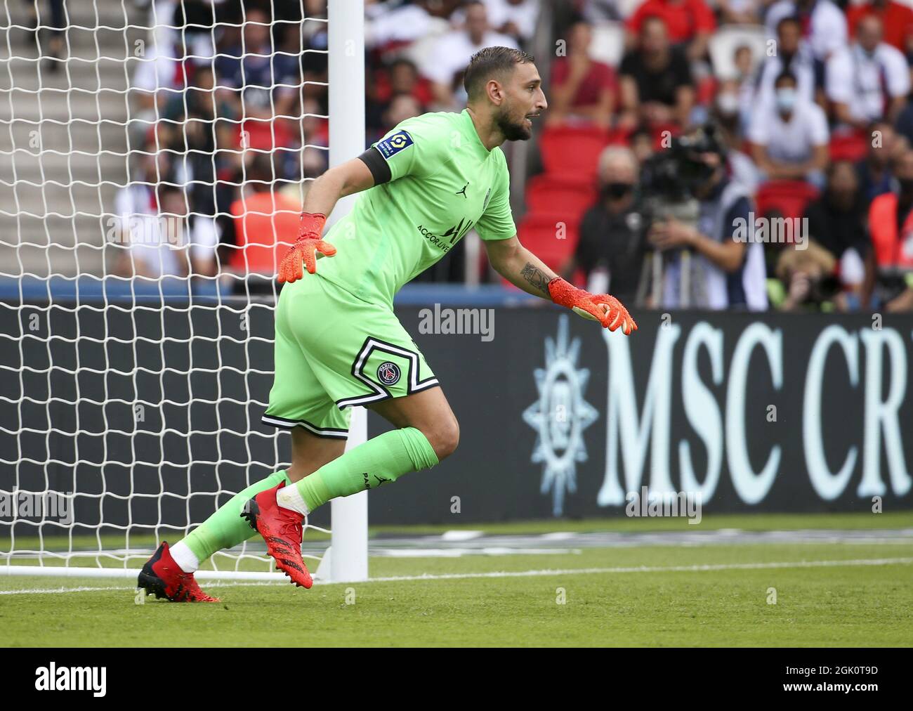 Goalkeeper of PSG Gianluigi Donnarumma during the French championship Ligue 1 football match between Paris Saint-Germain (PSG) and Clermont Foot 63 on September 11, 2021 at Parc des Princes stadium in Paris, France Stock Photo