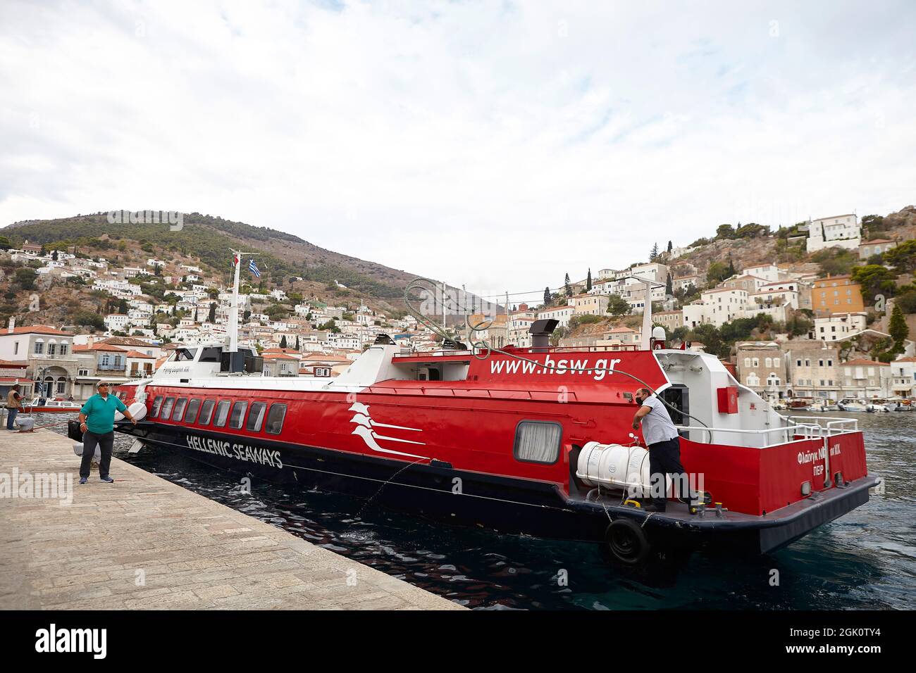 Hellenic seaways boat  arrives at the port of Hydra Greece Stock Photo