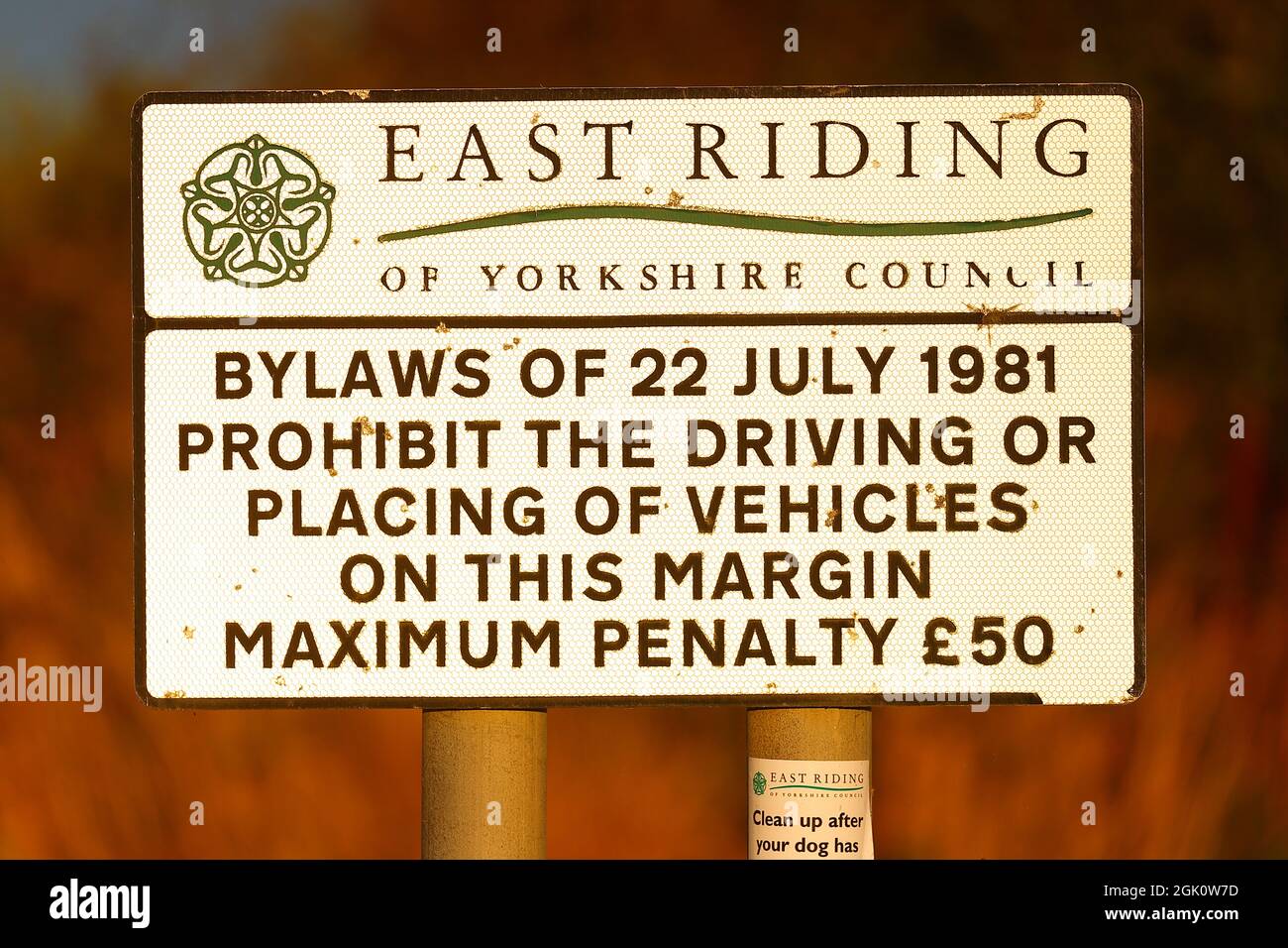 A sign in Flamborough regarding bylaws of 22nd July 1981 to warn drivers not to park on the nearby roadside verges. Stock Photo