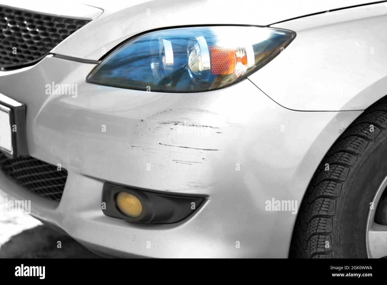 Damaged bumper of car involved in accident, closeup Stock Photo Alamy