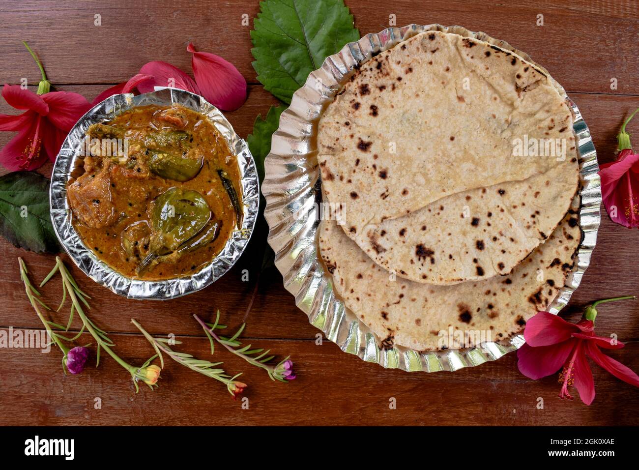 Indian simple home cooked food Sabji and roti. Chapathi with brinjal