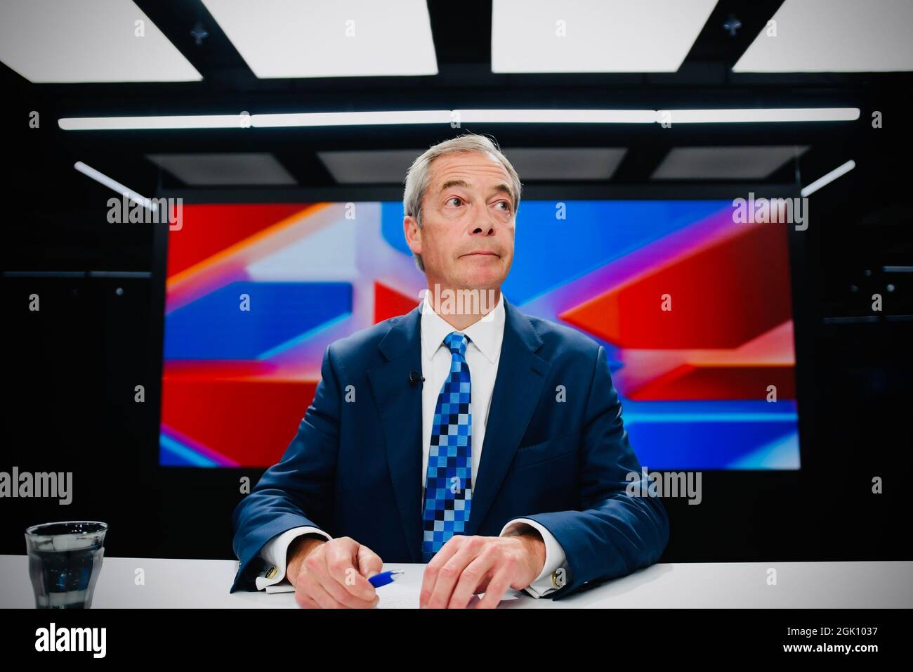 British broadcaster and former politician, Nigel Paul Farage presents his first show on GB News channel in London. Stock Photo
