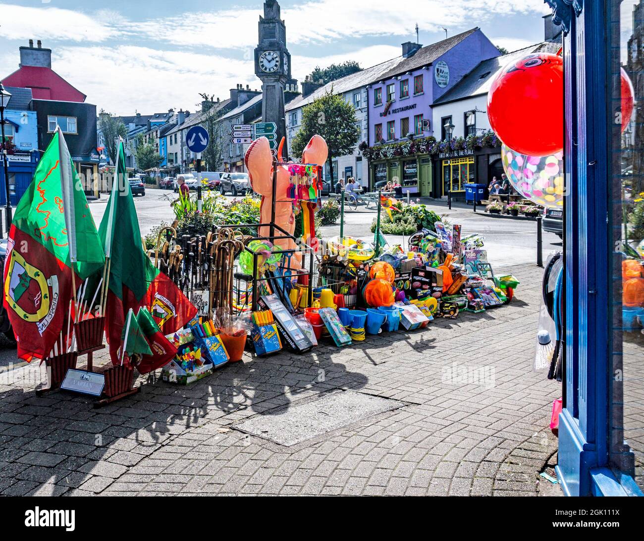 Items for sale outside Thomas Moran’s shop in Westport, County mayo, Ireland. They sell a large variety of goods including Irish gifts and clothing, Stock Photo