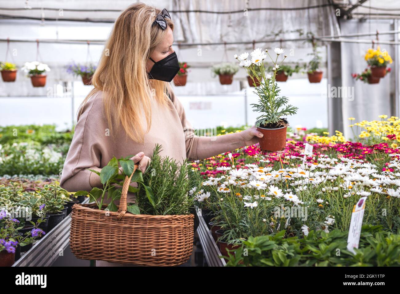 Woman wearing FFP2 face mask and shopping flowers and plants in garden center at spring. New normal and Covid-19 illness prevention during shopping in Stock Photo