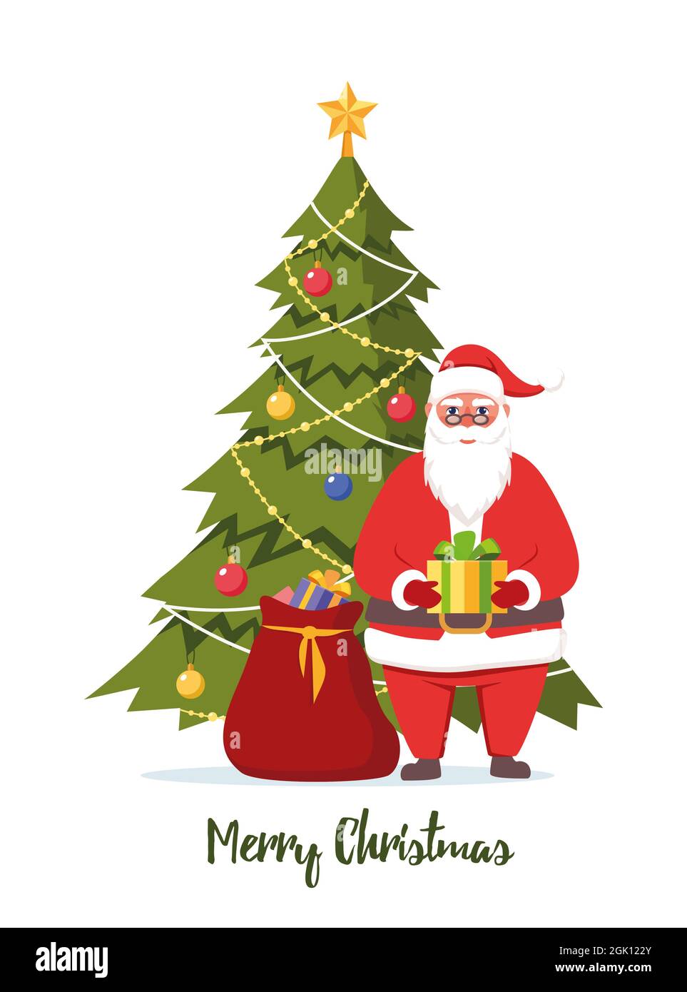 Cute Santa Claus character with gift in his hands and decorated ...