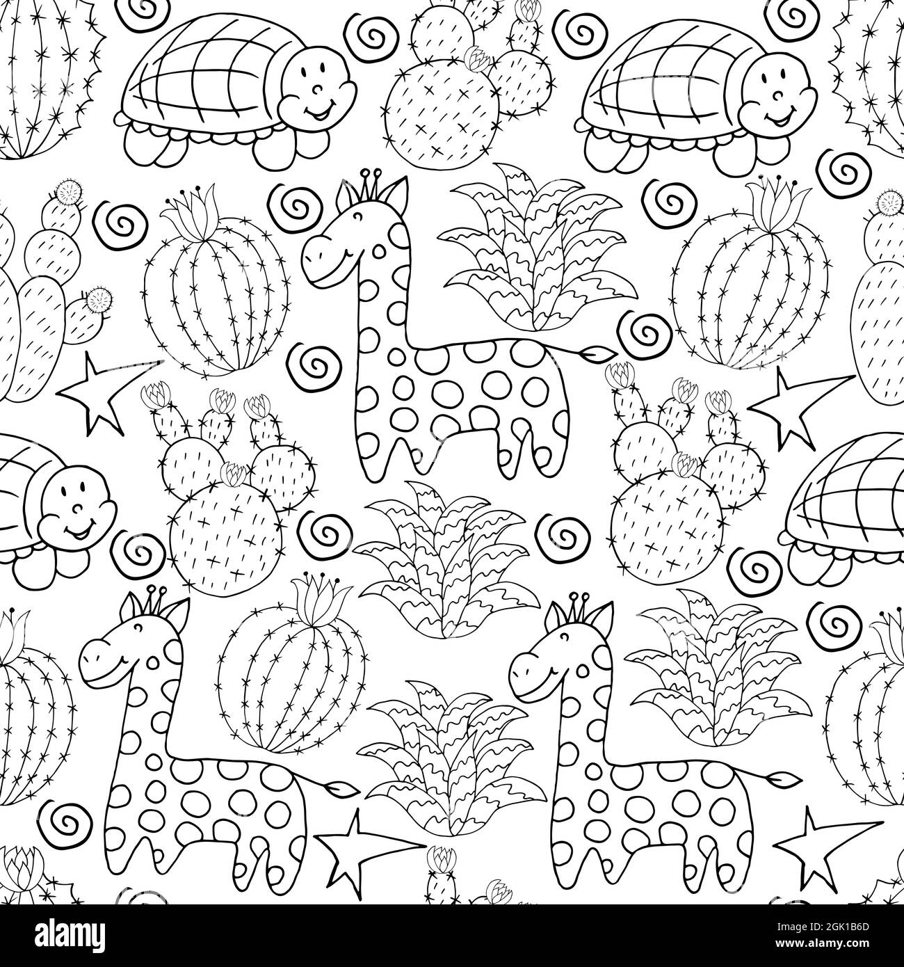 Seamless botanical illustration. Tropical pattern of different cacti