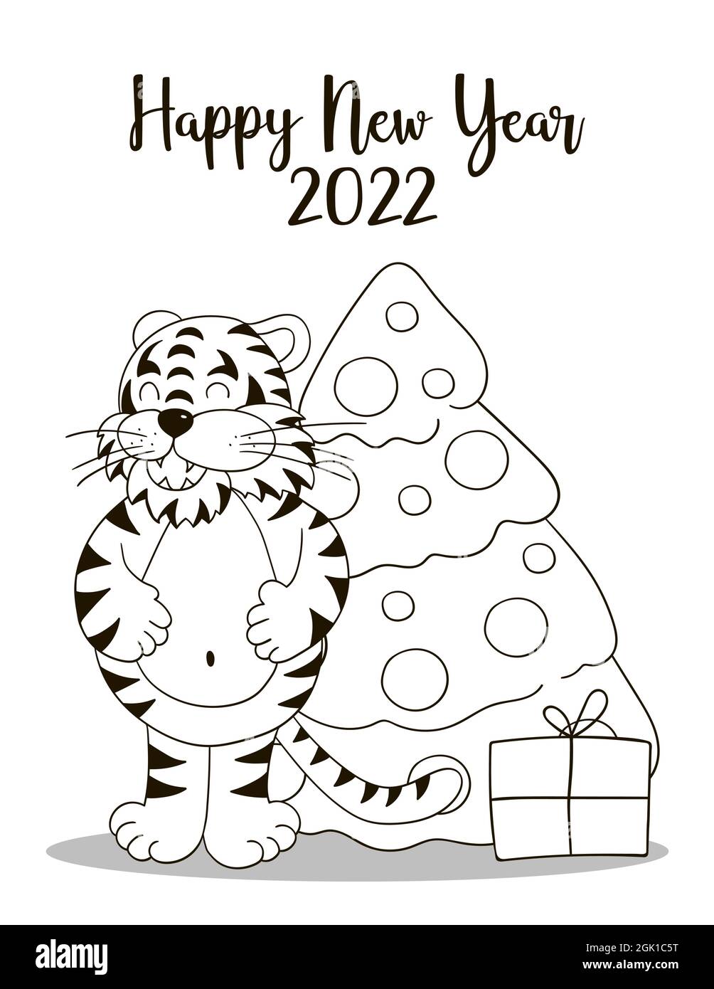 Symbol of 2022. New Year card in hand draw style. Christmas tree ...