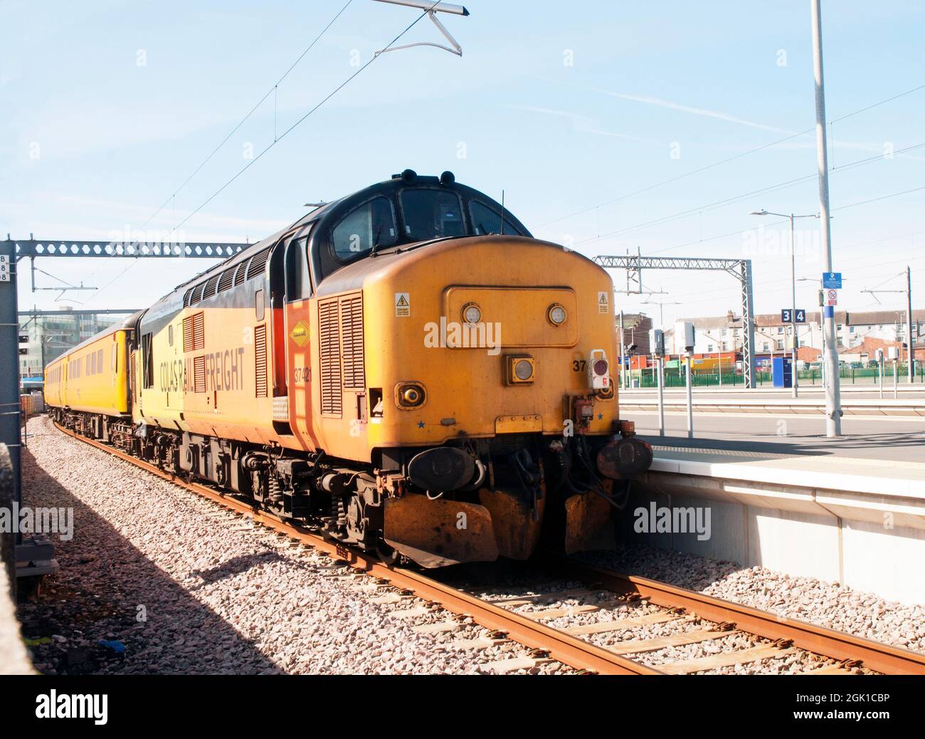 Colas Rail Freight English Electric Type 3 class 37 No 37421 Locomotive in siding at Blackpool North Station Lancashire England UK Stock Photo