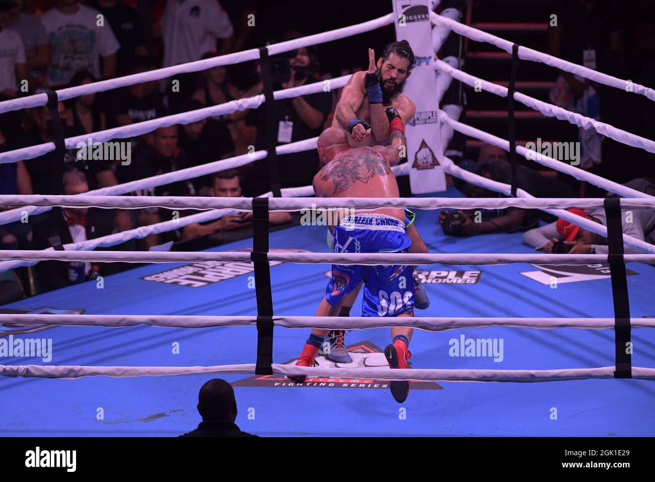 Miami, United States Of America. 11th Sep, 2021. MIAMI, FL - SEPTEMBER 11: Fighters Jomi "The ArcAngel" Escoboza defeats Rene "White Boy" Rodriguez n the BYB Cruiserweight championship main bout during the 'BYB Extreme Bareknuckle Brawl by The River' in the TRIGON Triangle Ring at James L. Knight Center on September 11, 2021 in Miami, Florida. People: Jomi Escoboza, Rene Rodriguez Credit: Storms Media Group/Alamy Live News Stock Photo