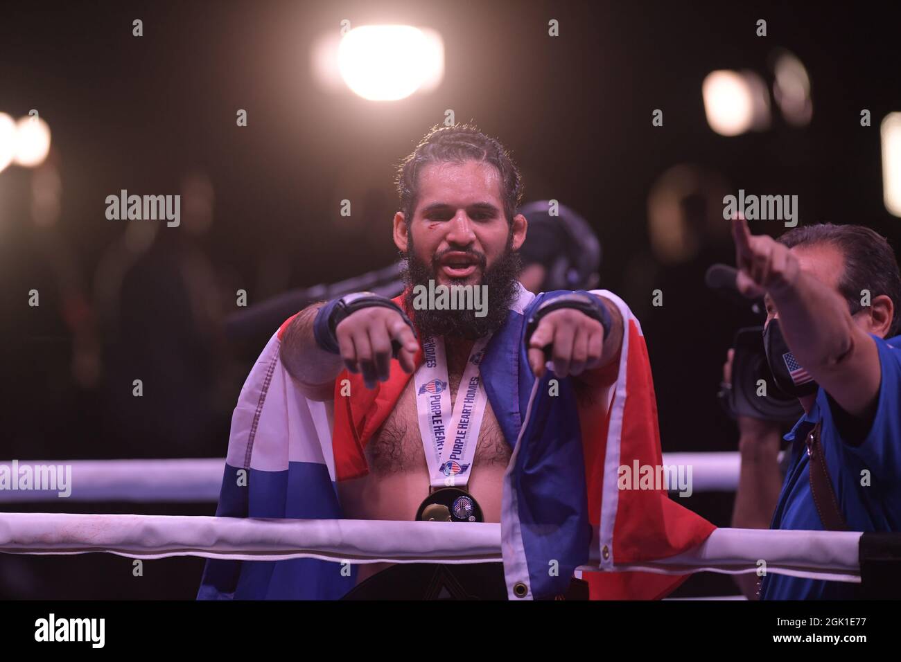 Miami, United States Of America. 12th Sep, 2021. MIAMI, FL - SEPTEMBER 11: Fighters Jomi "The ArcAngel" Escoboza defeats Rene "White Boy" Rodriguez n the BYB Cruiserweight championship main bout during the 'BYB Extreme Bareknuckle Brawl by The River' in the TRIGON Triangle Ring at James L. Knight Center on September 11, 2021 in Miami, Florida. People: Jomi Escoboza, Rene Rodriguez Credit: Storms Media Group/Alamy Live News Stock Photo