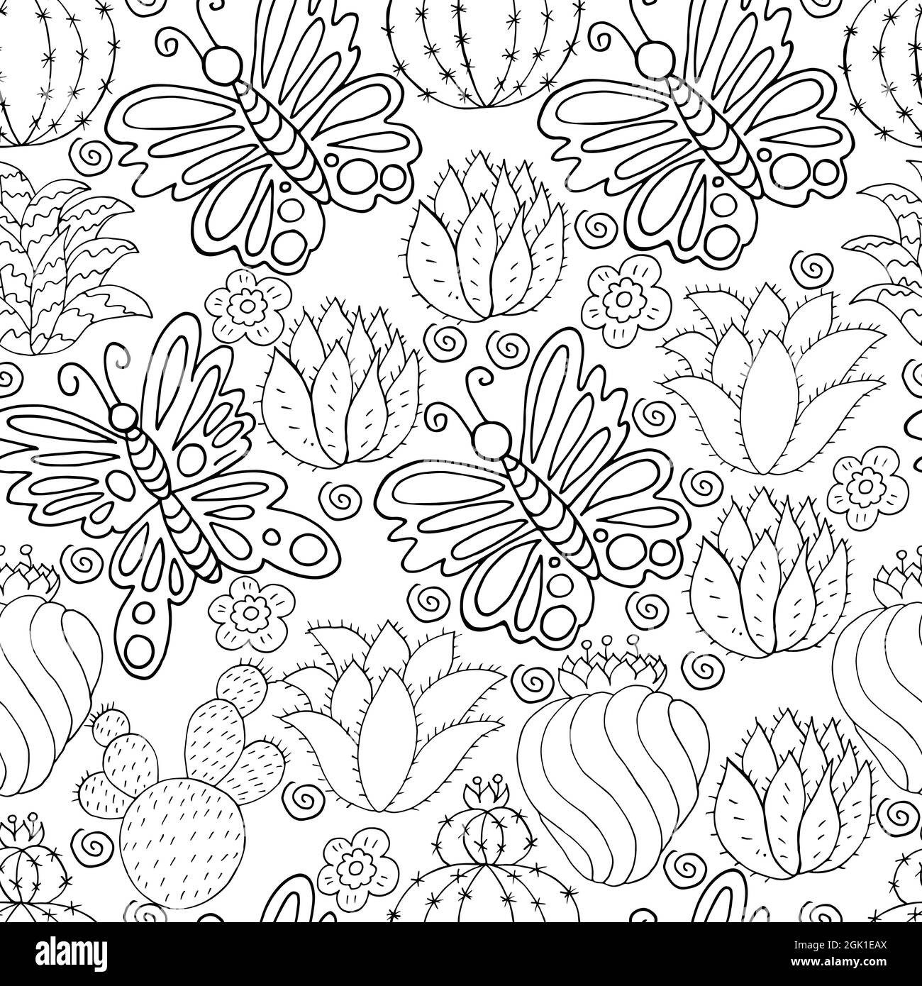 Seamless botanical illustration. Tropical pattern of different cacti