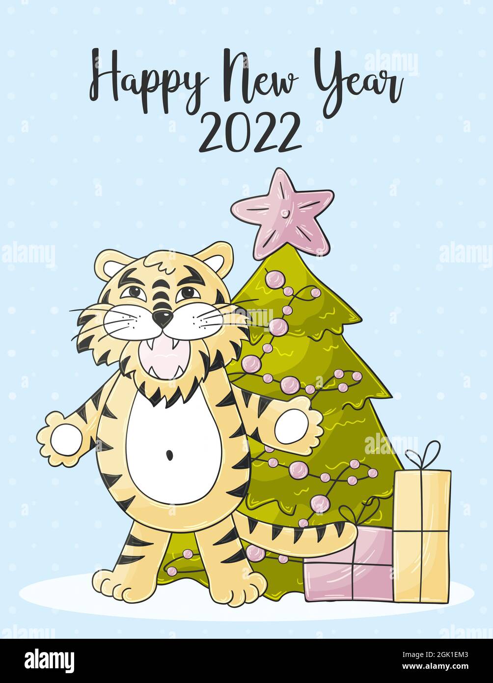 Christmas Style 2022 Symbol Of 2022. Blue New Year Card In Hand Draw Style. Christmas Tree,  Tiger. New Year 2022. Pastel Illustration For Postcards, Calendars,  Posters, Fl Stock Vector Image & Art - Alamy