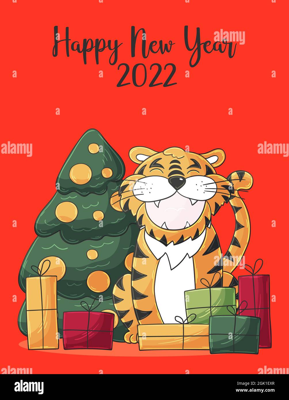 Christmas Present Funny Cartoon 2022 Symbol Of 2022. Christmas Tree, Gifts, Tiger. New Year 2022. New Year Card  In Hand Draw Style. Bright Illustration For Postcards, Calendars Stock  Vector Image & Art - Alamy
