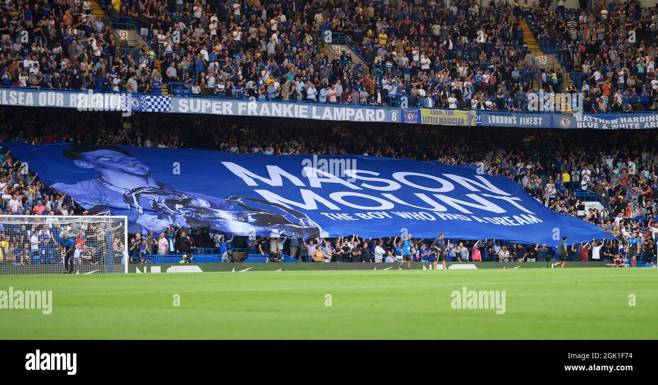 London, UK. 11th Sep 2021. 11 September 2021 - Chelsea v Aston Villa -The Premier League   Chelsea fans with a huge Mason Mount banner during the Premier League match at Stamford Bridge, London. Picture Credit : © Mark Pain / Alamy Live News Stock Photo