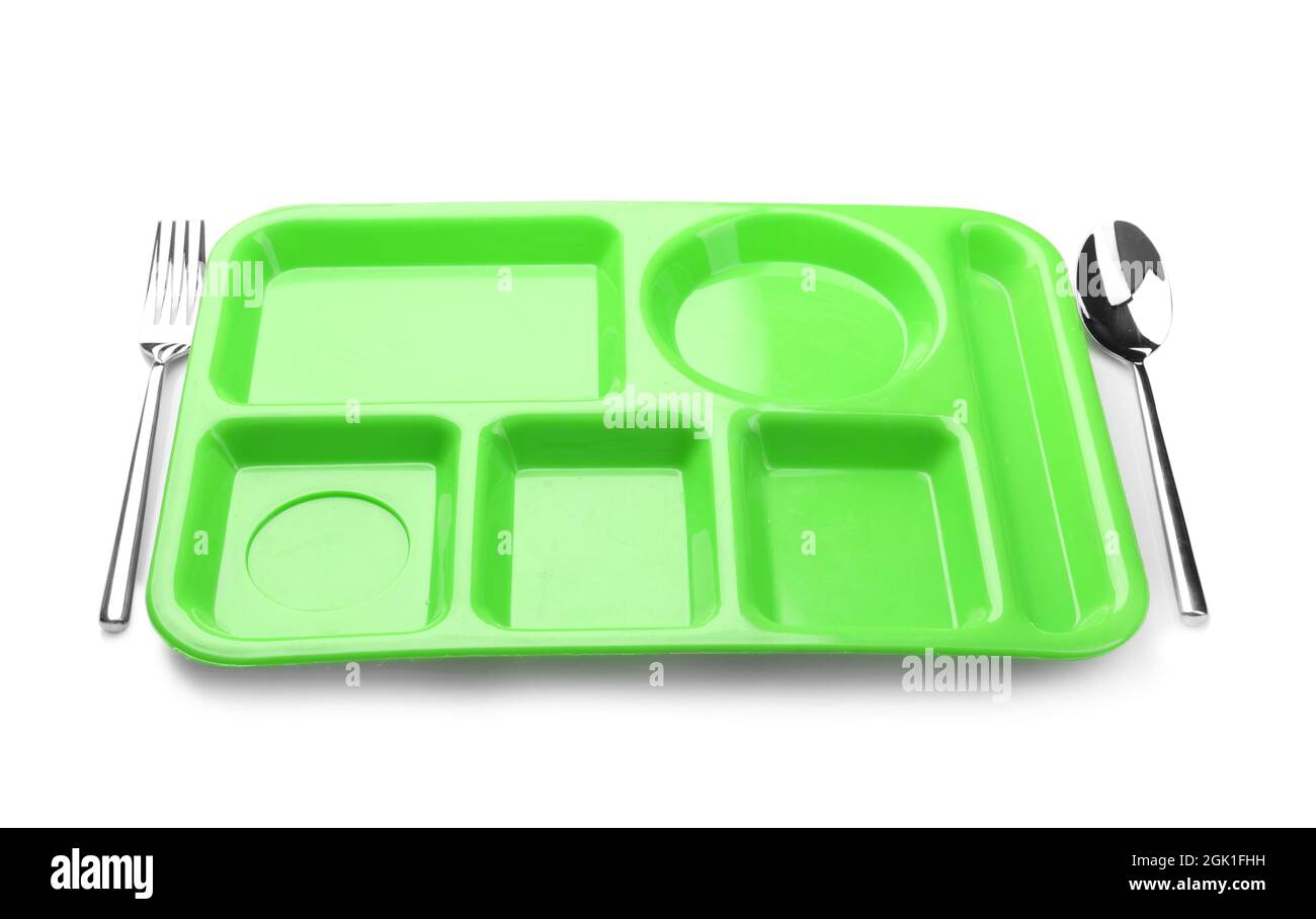 Empty serving tray for food on white background. Concept of school lunch  Stock Photo - Alamy