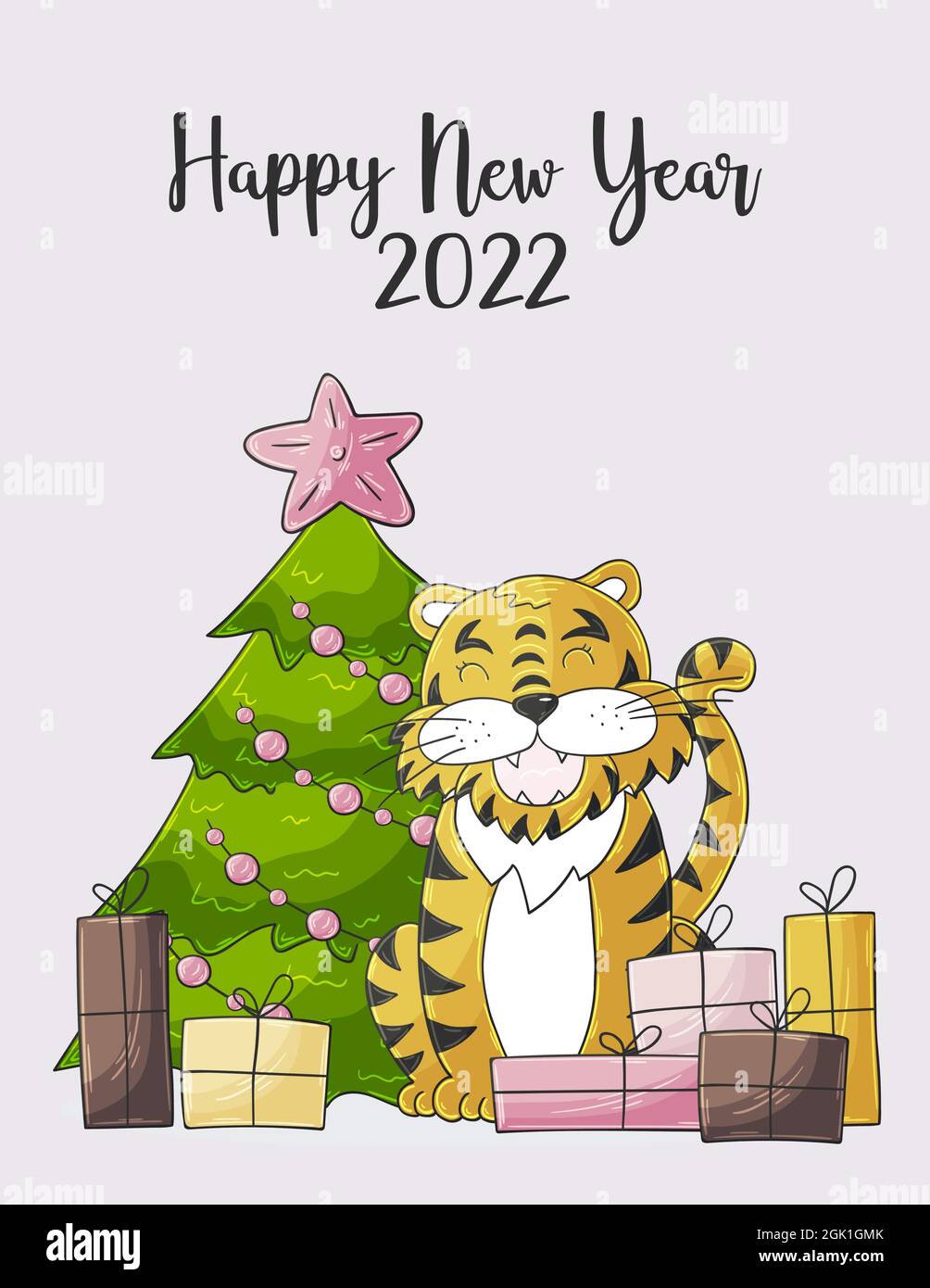 Christmas Style 2022 Symbol Of 2022. Christmas Tree, Gifts, Tiger. New Year 2022. New Year  Pastel Card In Hand Draw Style Stock Vector Image & Art - Alamy