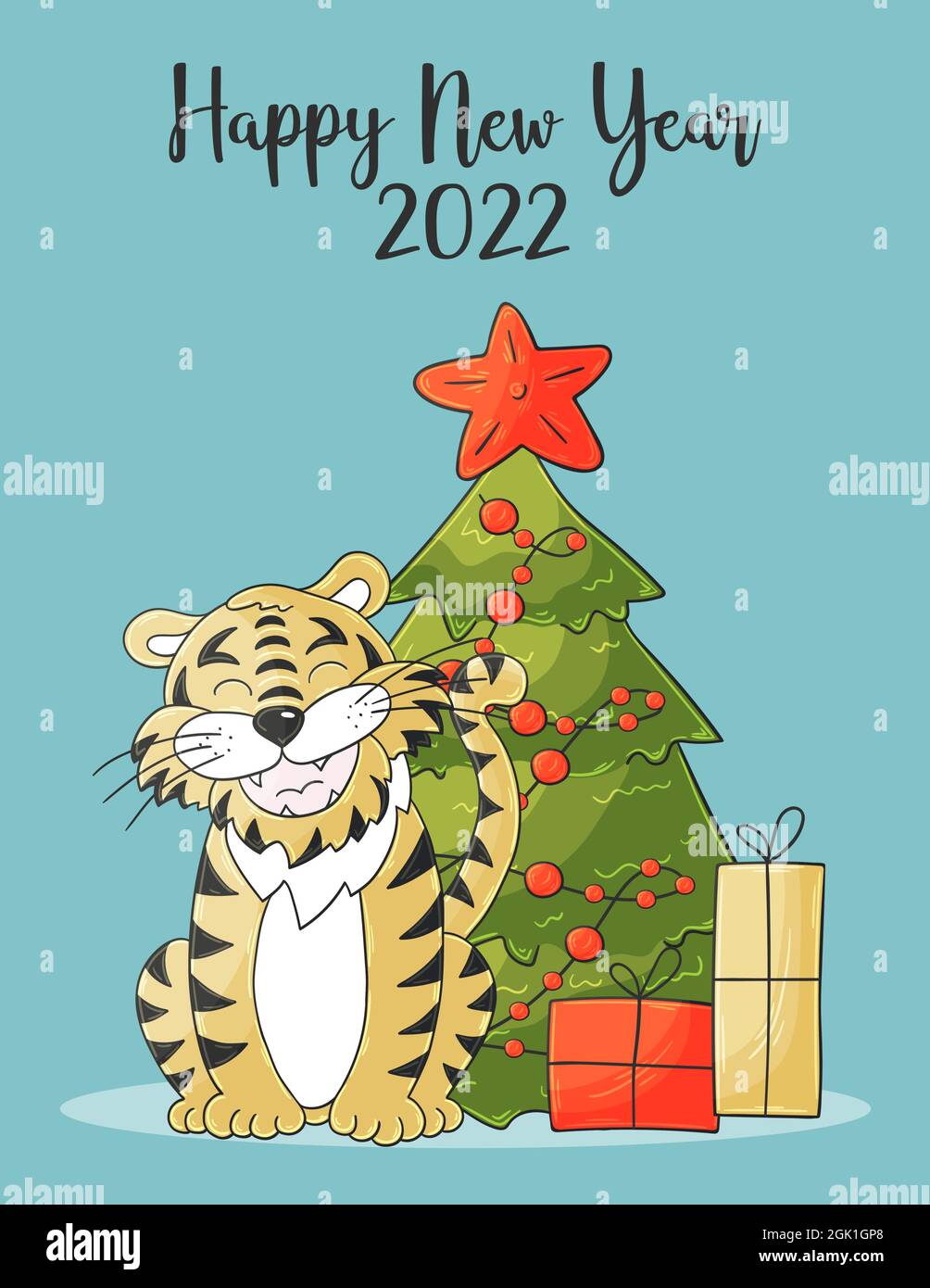 Christmas 2022 Drawing Symbol Of 2022. Bright New Year Card In Hand Draw Style. Christmas Tree,  Gifts, Tiger. New Year 2022 Stock Vector Image & Art - Alamy