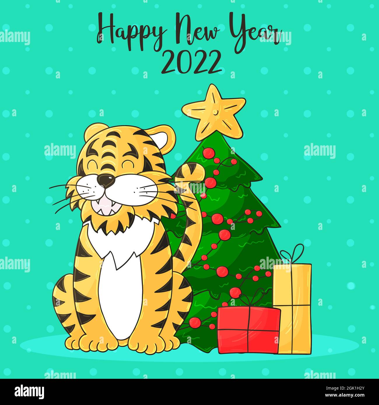 Christmas 2022 Style Symbol Of 2022. Blue Square New Year Card In Hand Draw Style. Christmas  Tree, Gifts, Tiger. Year Of The Tiger 2022. Bright Illustration For Cards,  Cal Stock Vector Image & Art - Alamy