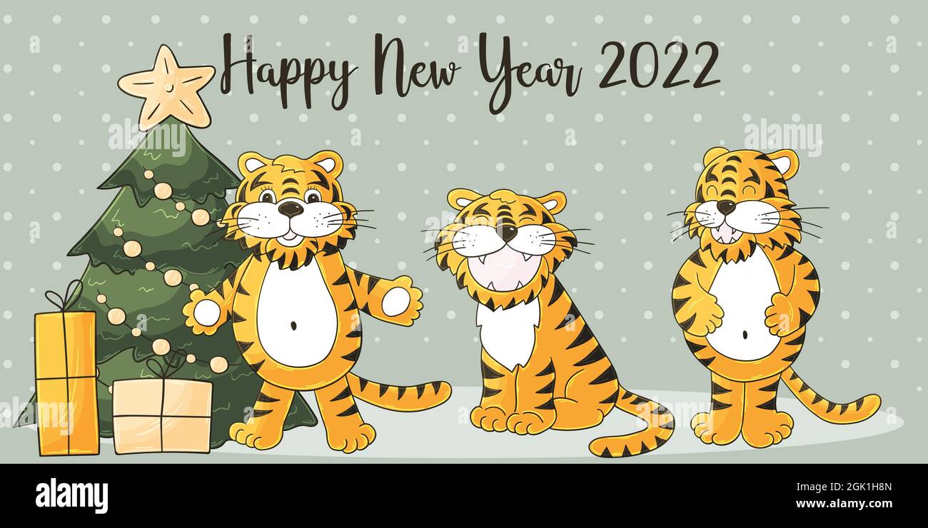 How Much Longer Is It Befoe Christmas 2022 Symbol Of 2022. Long New Year Card In Hand-Draw Style. Christmas Tree,  Gifts. Three Tigers. Pastel Illustration For Postcards, Calendars, Posters,  Fly Stock Vector Image & Art - Alamy